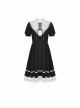 White Inverted Triangle Frilly Collar Chest Lace-Up Short Sleeves Black Gothic Dress