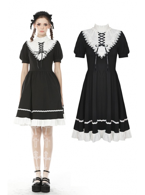 White Inverted Triangle Frilly Collar Chest Lace-Up Short Sleeves Black Gothic Dress