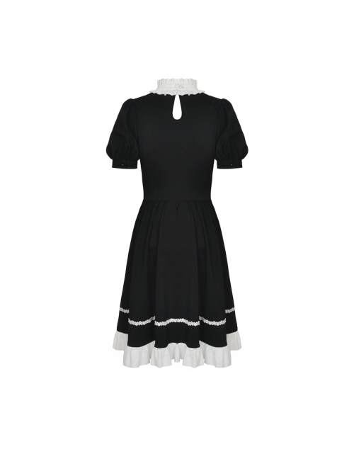 White Inverted Triangle Frilly Collar Chest Lace-Up Short Sleeves Black Gothic Dress