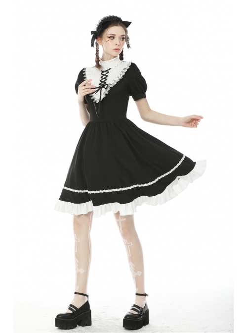 White Inverted Triangle Frilly Collar Chest Lace-Up Short Sleeves Black Gothic Dress