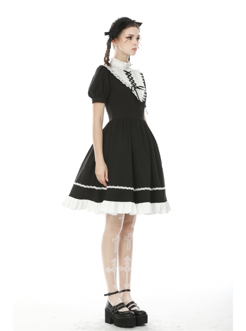White Inverted Triangle Frilly Collar Chest Lace-Up Short Sleeves Black Gothic Dress