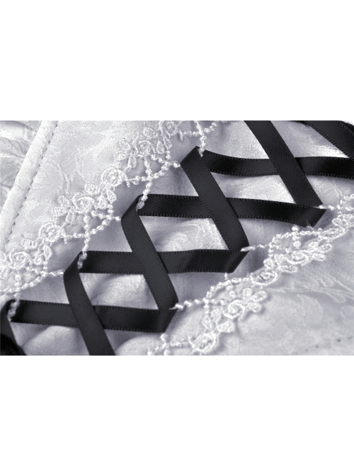 White Inverted Triangle Frilly Collar Chest Lace-Up Short Sleeves Black Gothic Dress