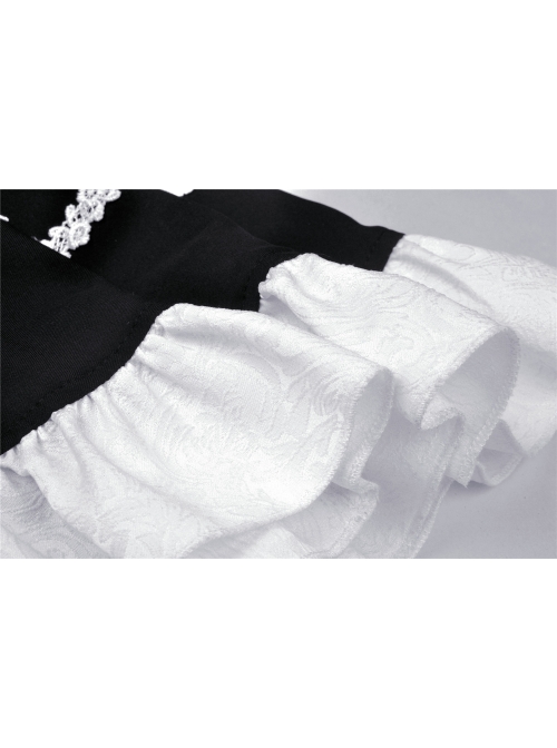 White Inverted Triangle Frilly Collar Chest Lace-Up Short Sleeves Black Gothic Dress