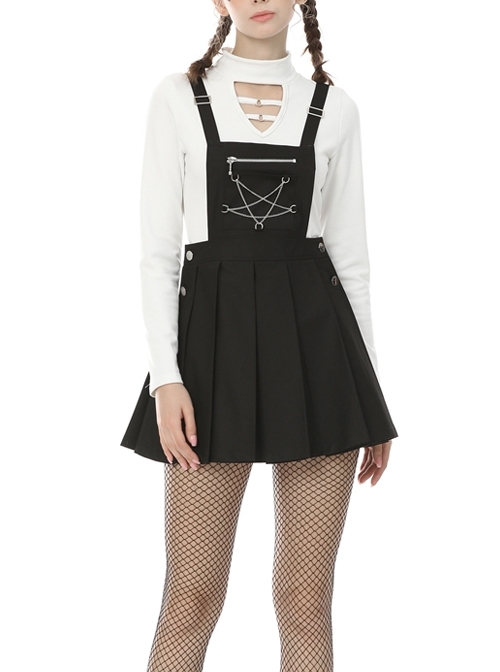 Star Chain Chest Zipper Side Button Black Punk Suspender Skirt