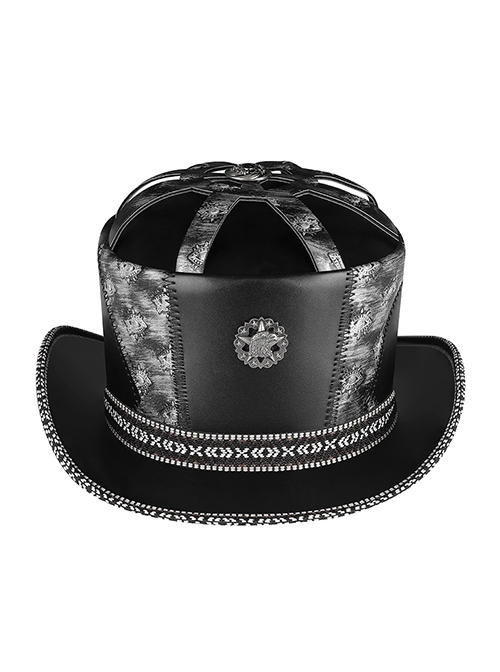 Alloy Eagle Badge Black Casual PU Leather Gothic Braided Top Hat