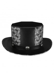 Alloy Rhinoceros Stud Black Polygonal PU Leather Tall Gothic Flat Top Hat