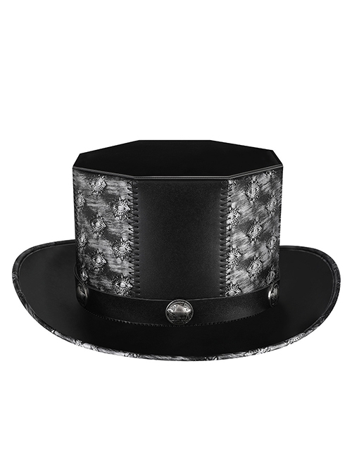 Alloy Rhinoceros Stud Black Polygonal PU Leather Tall Gothic Flat Top Hat