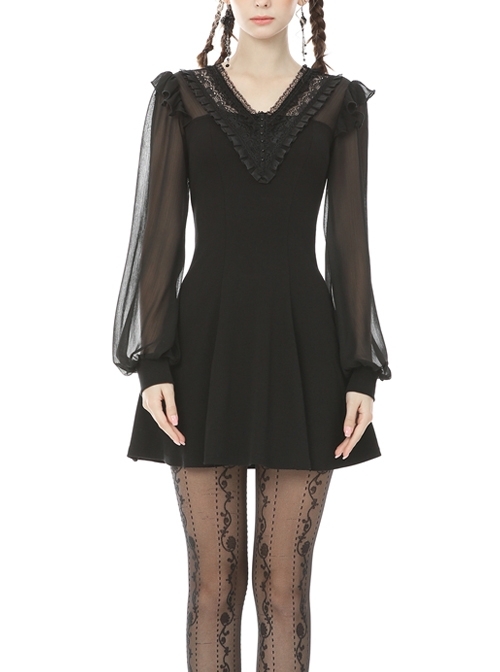 Lace Frilly V-Neck Mesh Long Sleeves Black Gothic Dress