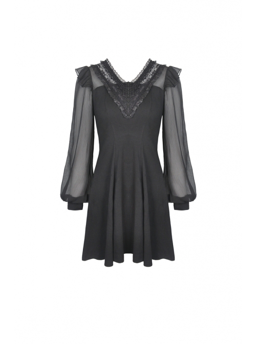 Lace Frilly V-Neck Mesh Long Sleeves Black Gothic Dress