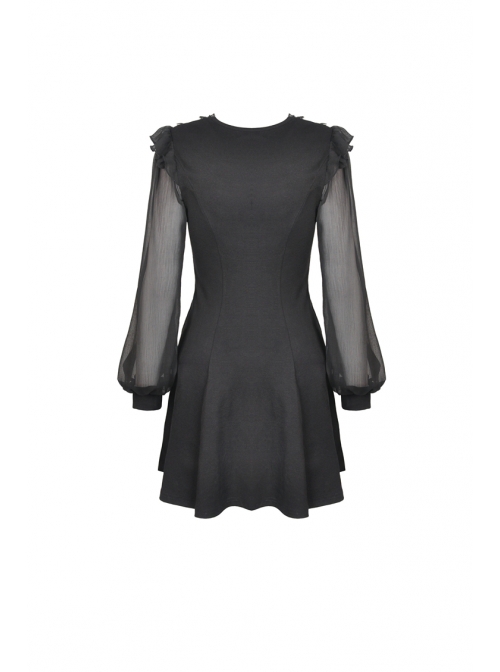 Lace Frilly V-Neck Mesh Long Sleeves Black Gothic Dress