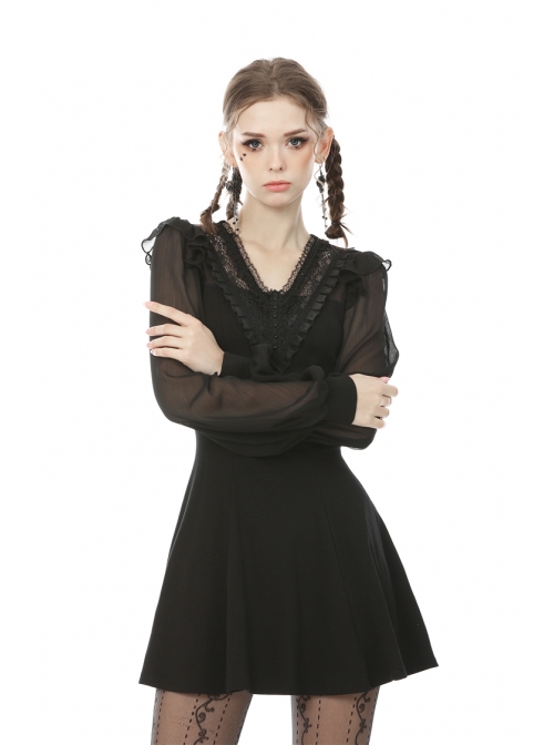Lace Frilly V-Neck Mesh Long Sleeves Black Gothic Dress