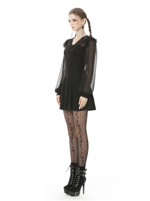 Lace Frilly V-Neck Mesh Long Sleeves Black Gothic Dress