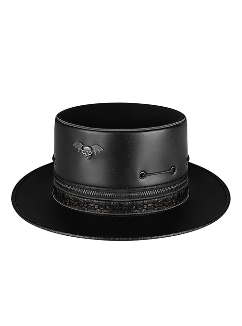 Medieval Retro Black PU Leather Splicing Zipper Alloy Skull Punk Hat
