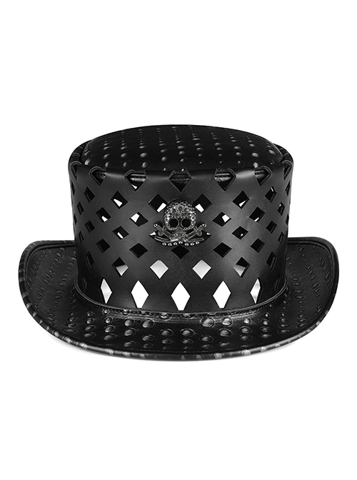 Black PU Leather Hollow Dome Metal Skull Tall Gothic Style Hat