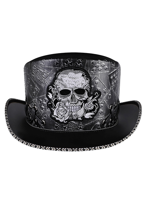 Retro Personalized Black PU Leather Stitching Skull Rose Embroidery Pattern Punk Wind Hat