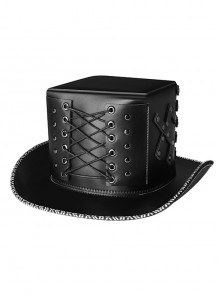 Black Casual PU Leather Tied Square Tube Punk Style Unisex Hat