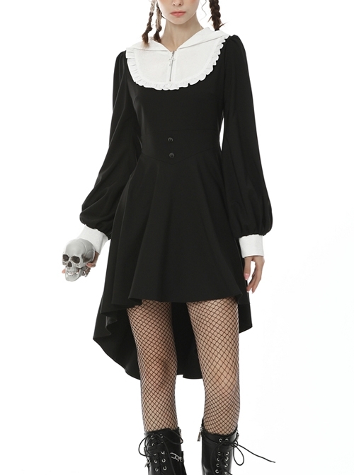 White Frilly Doll Collar Chest Zipper Waist Button Black Gothic Hoodie Dress