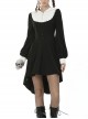 White Frilly Doll Collar Chest Zipper Waist Button Black Gothic Hoodie Dress