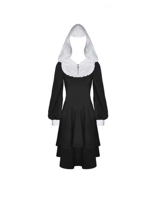 White Frilly Doll Collar Chest Zipper Waist Button Black Gothic Hoodie Dress
