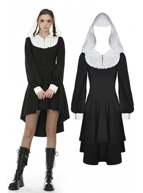 White Frilly Doll Collar Chest Zipper Waist Button Black Gothic Hoodie Dress