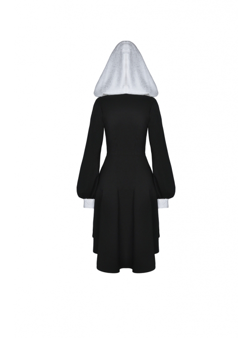 White Frilly Doll Collar Chest Zipper Waist Button Black Gothic Hoodie Dress
