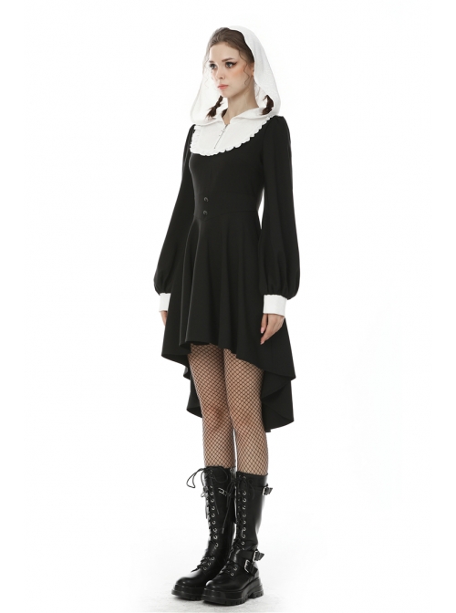 White Frilly Doll Collar Chest Zipper Waist Button Black Gothic Hoodie Dress
