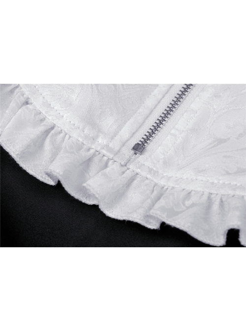 White Frilly Doll Collar Chest Zipper Waist Button Black Gothic Hoodie Dress