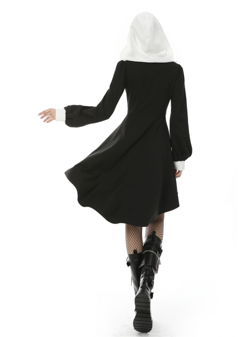 White Frilly Doll Collar Chest Zipper Waist Button Black Gothic Hoodie Dress