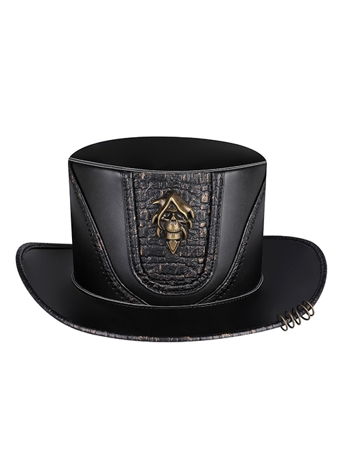 Black Retro Plain PU Leather Alloy Skull Decorated Punk Style Top Hat