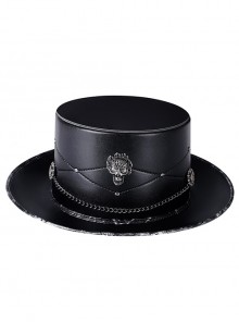 Personality Black Retro PU Leather Alloy Ghost Fire Skull Chain Punk Style Tall Bowler Hat