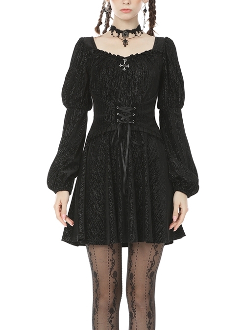 Black Chest Cross Lace-Up Waisted Long Sleeves Gothic Velvet Dress