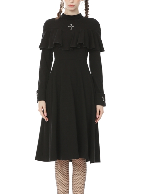 Chest Cross Frilly Shawl Long Sleeves Black Gothic Nun Midi Dress
