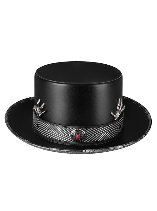 Black Simple PU Leather Metal Skull Bloodstone Punk Style Bowler Hat