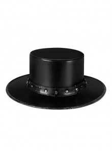 Metal Skull Black PU Leather Tall Dome Punk Style Gentleman Hat