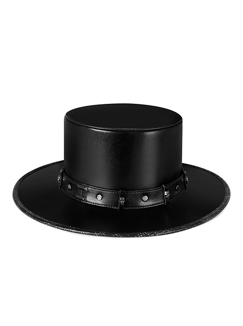 Metal Skull Black PU Leather Tall Dome Punk Style Gentleman Hat