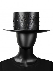 Black PU Leather Metal Skull Rivets Regular Stitching Decorated Punk Style Top Hat