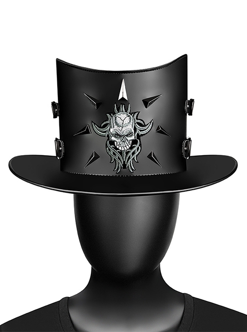 Plague Doctor Black PU Leather Skull Embroidered Metal Leather Strap Decorated Punk Style Unisex Top Hat