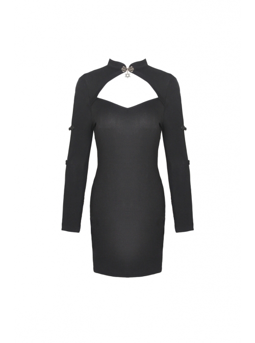 Cheongsam Collar Chest Hollow Cheongsam Buckle Long Sleeves Black Bodycon Punk Dress