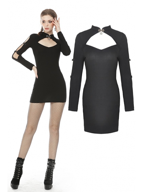 Cheongsam Collar Chest Hollow Cheongsam Buckle Long Sleeves Black Bodycon Punk Dress