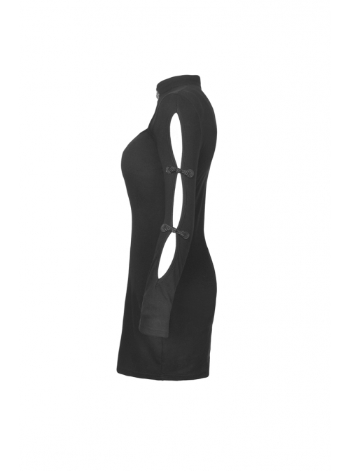 Cheongsam Collar Chest Hollow Cheongsam Buckle Long Sleeves Black Bodycon Punk Dress