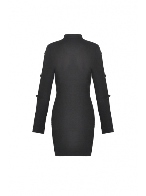 Cheongsam Collar Chest Hollow Cheongsam Buckle Long Sleeves Black Bodycon Punk Dress