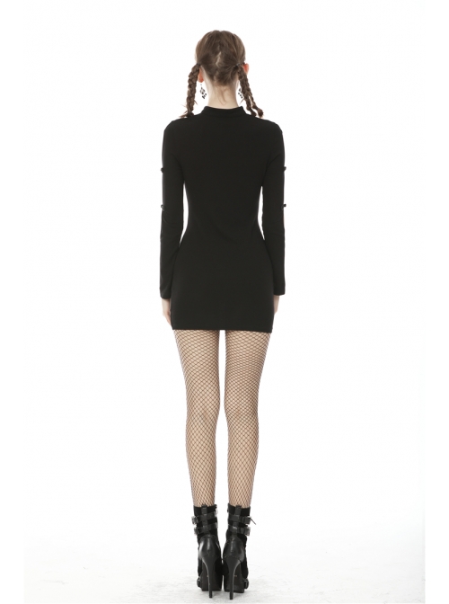 Cheongsam Collar Chest Hollow Cheongsam Buckle Long Sleeves Black Bodycon Punk Dress