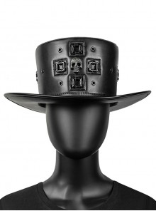 Plague Doctor Black Symmetrical Metal Checkered Skull Decorated Punk Style Unisex Top Hat