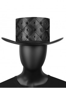 Plague Doctor Black PU Leather Regular Rhombus Grid Spiked Rivets Punk Hat
