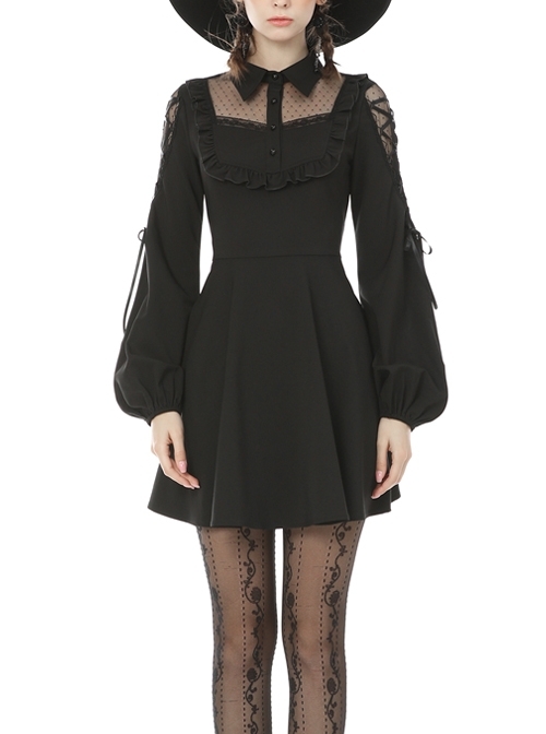 Lolita Lace Frilly Doll Collar Lace-Up Long Sleeves Black Gothic Dress