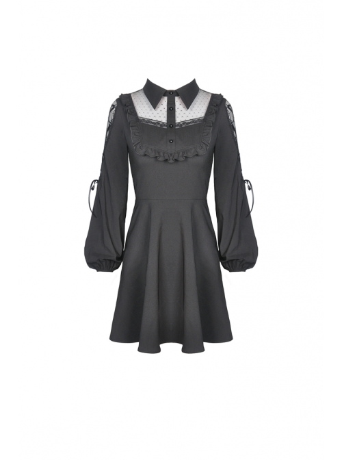 Lolita Lace Frilly Doll Collar Lace-Up Long Sleeves Black Gothic Dress