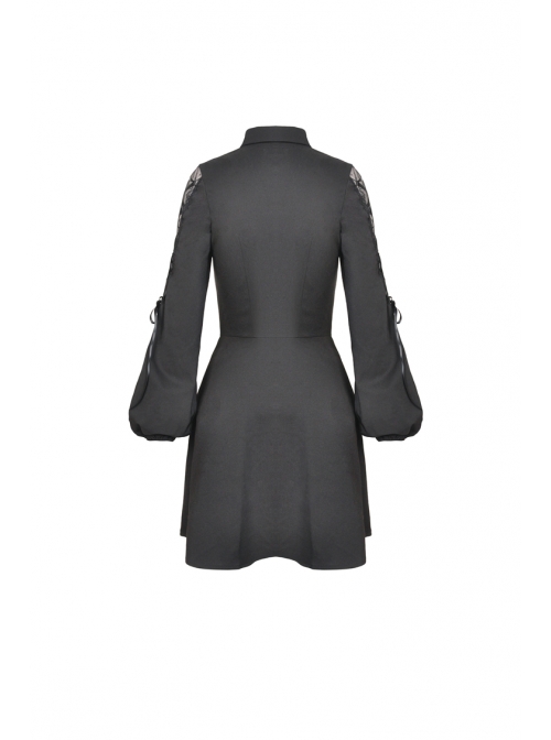 Lolita Lace Frilly Doll Collar Lace-Up Long Sleeves Black Gothic Dress