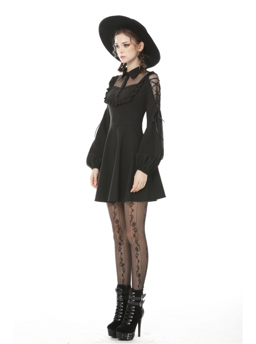 Lolita Lace Frilly Doll Collar Lace-Up Long Sleeves Black Gothic Dress