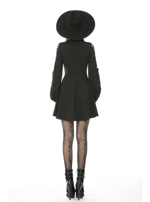 Lolita Lace Frilly Doll Collar Lace-Up Long Sleeves Black Gothic Dress