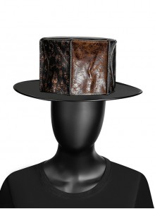 Brown And Black Retro Old Feeling PU Leather Splicing Punk Wind Gentleman Hat